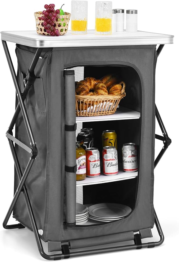 Giantex Folding Camping Storage Cabinet with 3 Shelves and Carry Bag Portable Outdoor Organizer Kitchen Table Quick Set-up for BBQ Picnic Backyard Compact Pop-Up Cupboard 35''H
