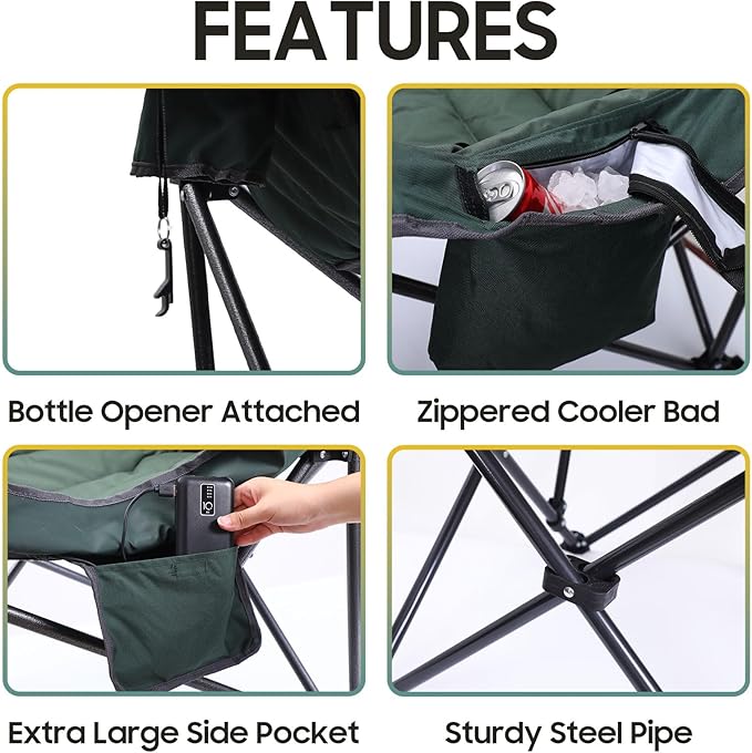 Nice C Heated Camping Chairs with Battery Outdoor Heated Sports Chair Oversized XL Padded Camping Chair Wide&ampThick Heavy Duty 400lb Carry Bag Cup Holder &amp Cooler (Two Green)