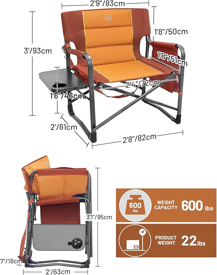Timber Ridge XXL Upgraded Oversized Directors Chairs with Foldable Side Table Detachable Side Pocket Heavy Duty Folding Camping Chair up to 600 Lbs Weight Capacity (Orange) Ideal Gift