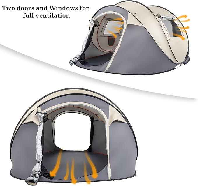 4 Person Easy Pop Up Tent Waterproof 2 Doors-Instant Family Tents for Camping Hiking &amp TravelingWaterproof Instant Family TentsGrey