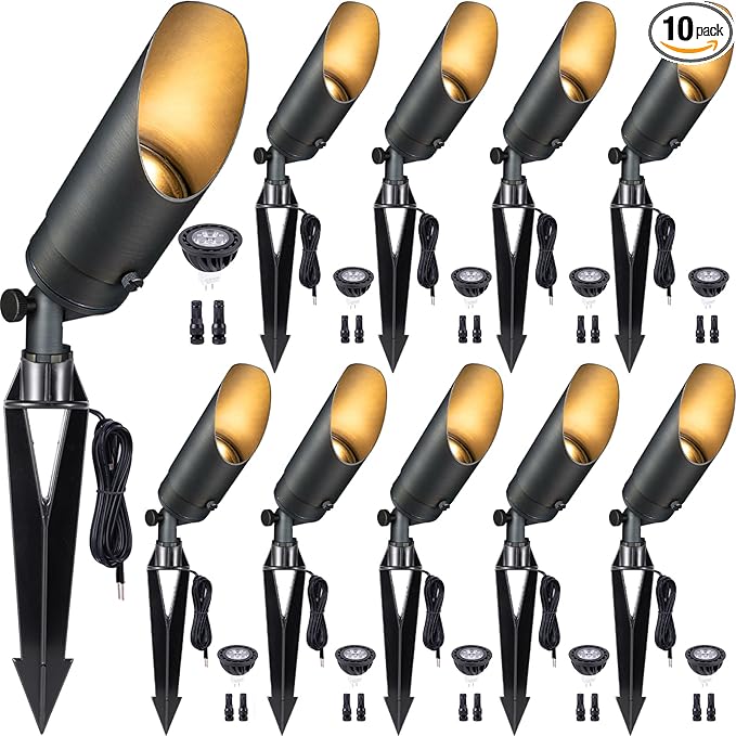 Gardenreet Low Voltage Spotlight - Outdoor Light Fixture 12V AC/DC Brass Landscape Lights LED Hardwired Weather Proof Bronze for Flag Wreath with Cool Light MR16 Removable Bulbs (10 Pack)