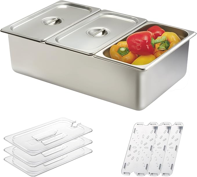 CURTA Ice Chilled Condiment Serving Container (3 Pan) NSF Certified 2 Types of Lids Drain Tray Commercial Spice Rack Set For Kitchen Buffet Catering Food Pan