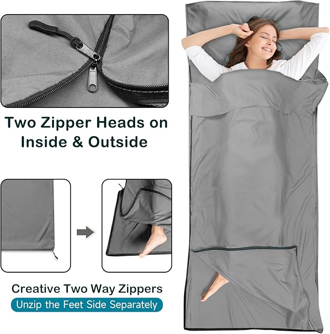 Sleeping Bag Liner Ultralight Silky Satin Adult Sleep Sack &amp Self Tan Sleep Sack with Two-Way-Zipper Single Camping Sheet &amp Travel Sheets for Hotel