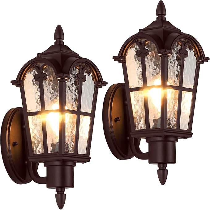 Sucolite Outdoor Wall Light Fixtures Brown Exterior Waterproof Porch Lights Wall Lanterns Vintage Outside Wall Sconces with Water Ripple Glass for House Front Door Garage 2 Pack