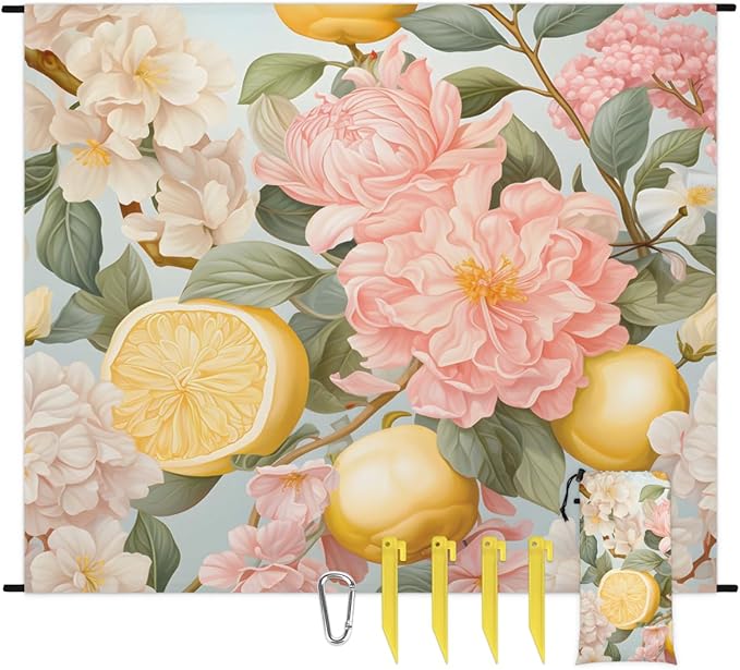 Waterproof Sandproof Beach Blanket 59''×68'' Fruit &amp Flower Polyester Outdoor Picnic Blanket with 4 Stakes &amp Storage Bag for BeachCampingVacation Pink