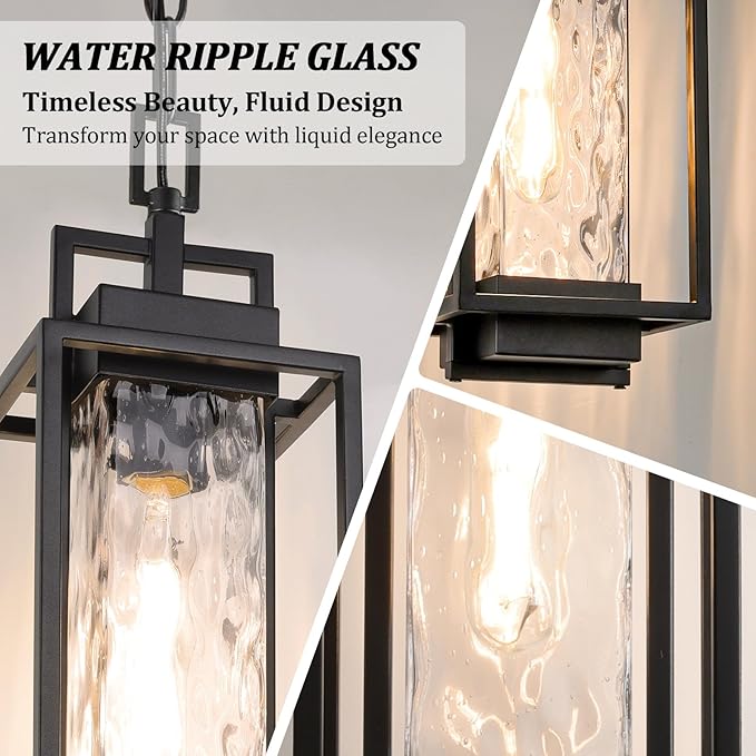 BesLowe 15” Outdoor Pendant Light with LED Bulb Modern Hanging Lantern Light for Outside with Water Ripple Glass Black Exterior Pendant Lighting Fixture Outdoor Chandelier for Front Porch Gazebo