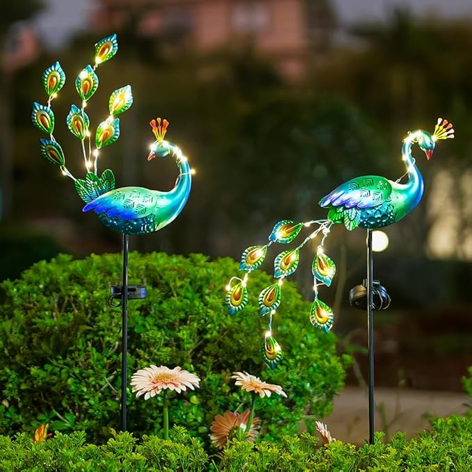 DREAMSOUL Peacock Solar Lights Outdoor 2 Pack Waterproof Outdoor Solar Lights for Yard Pathway Peacock Garden Decor