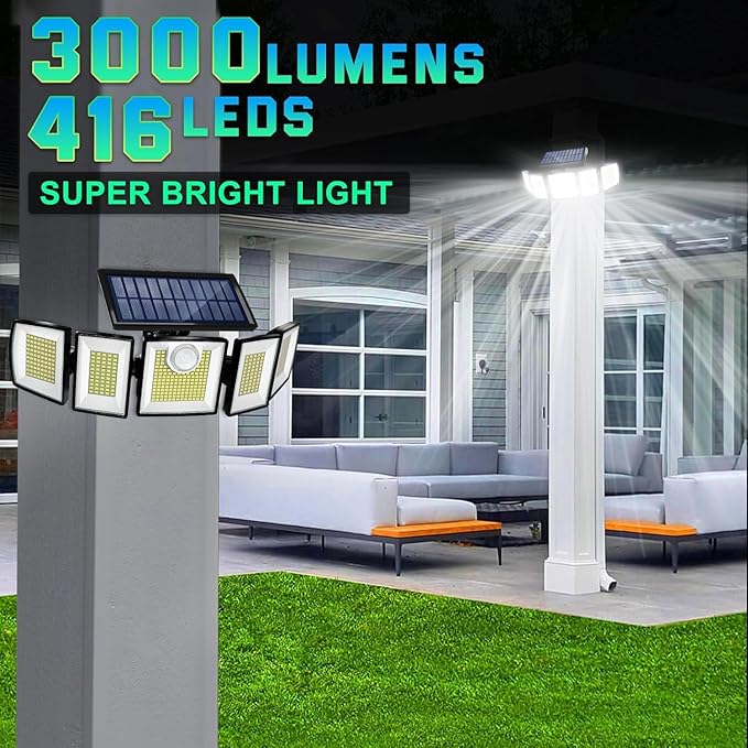 Solar Lights Outdoor Waterproof Motion Sensor - 416 LEDs 3000 Lumens Super Bright 3 Brightness 3 Modes 2400mAh 360° Illumination 32ft Solar Flood Security Light for Outside (‎With Remote Control 4)