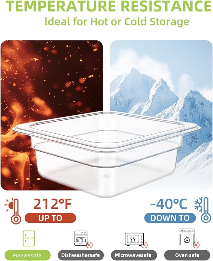 6 Pack Food Pan with Lids1/6 Size Shatterproof Stackable Plastic Hotel Food Pan for Party Catering Home kitchens Meal Prep-40°F to 212°F (1.1QT(1.1L) 1/6 size 2.5 deep)