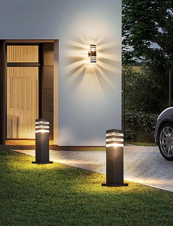 2Pack Motion Sensor Outdoor Floor Lamps Pathway Lights Dusk to Dawn Exterior Pillar Lamps Black Aluminum Poles Lights for Outside Modern Landscape Path Lamp for Patio Yard Garden Pathway Driveway