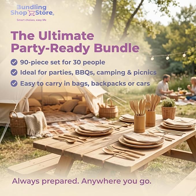 Reusable Bamboo Utensil Set 90 – Eco-Friendly Portable Wooden Cutlery for Travel Camping Office Lunches &amp Picnics – Lightweight Durable &amp Dishwasher Safe