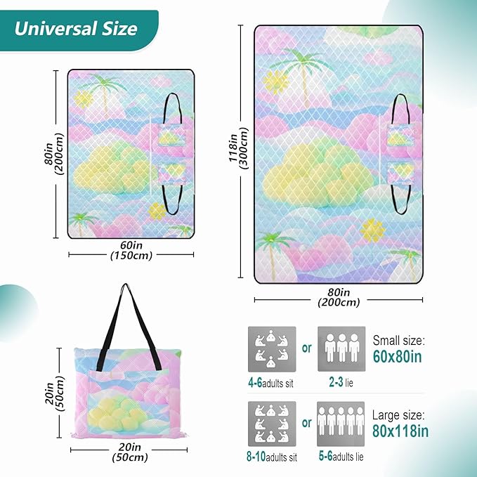 Outdoor Blanket Packable Beach Waterproof Blanket for Family Concert Blankets Cartoon Cute Blue Pink Flowers 60x80in