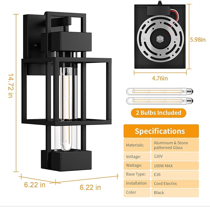 Hotsonic 2 Pack Dusk to Dawn Outdoor Exterior Lighting Fixtures Wall Mount 15'' Dimmable Porch Lights for Outside Waterproof Wall Lantern Lamps Black Sconce Coach Lights for House Garage