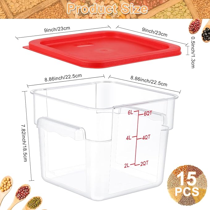 15 Sets 6 Qt Square Food Storage Containers with Lids Commercial Polycarbonate Containers Dough Proofing with Scale Clear Airtight Cereal for Pantry Home Restaurant