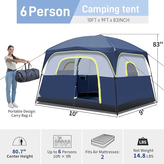 Outvita 6 Person Camping Tent with Carry Bag Waterproof Windproof Easy Setup Portable Family Camping Tent with 1 Mesh Door &amp 5 Large Mesh Windows 10'X9'X83in