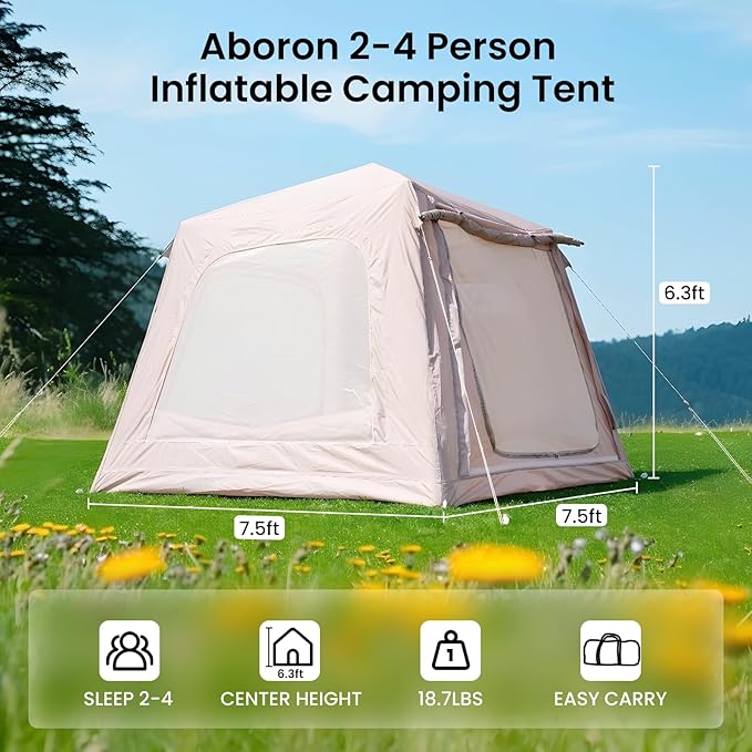 ABORON 2/6/8/10/12 Person Inflatable Camping Tent Easy Setup Blow Up Tent with Hand Pump PU3000mm Waterproof &amp Breathable 4 Season Glamping Tent for Outdoor Camping