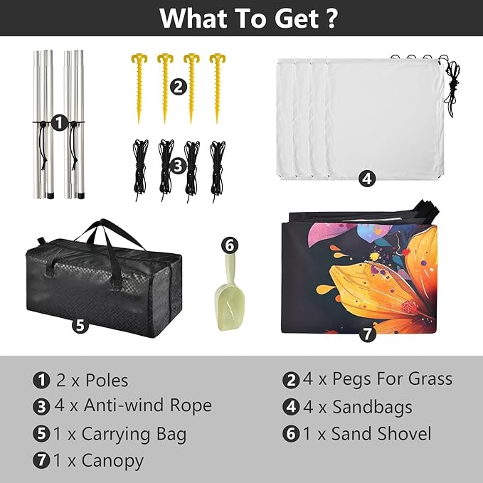 Watercolor Flower Design Beach Tent Sun Shelter 9.2' x 10.5' Beach Canopy with 4 Sandbags 4 Stability Poles Sand Shovels - Tent Canopy for Beach Camping Fishing Picnics