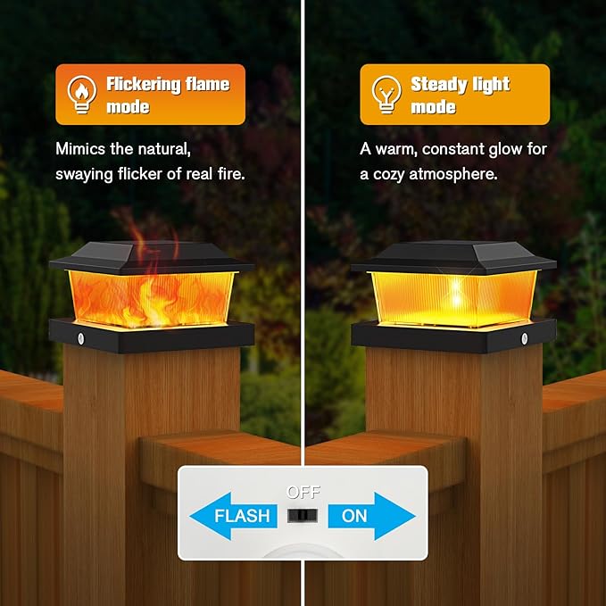 NIORSUN Solar Flame Post Cap Lights Outdoor Waterproof 4x4 Post Solar Lights with Flickering Flame LED Fence Posts Solars Light for Deck Patio Garden 4x4 Posts Caps Wood Vinyl 6 Pack (Black)