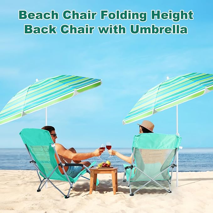 Huwena 2 Pack Beach Chair for Adult with 2 Umbrella Low Folding Chair Detachable Adjustable Lightweight with Armrests Cup Holder Carry Bag Portable for Sand Camping Travel Outdoor Pool (Green)
