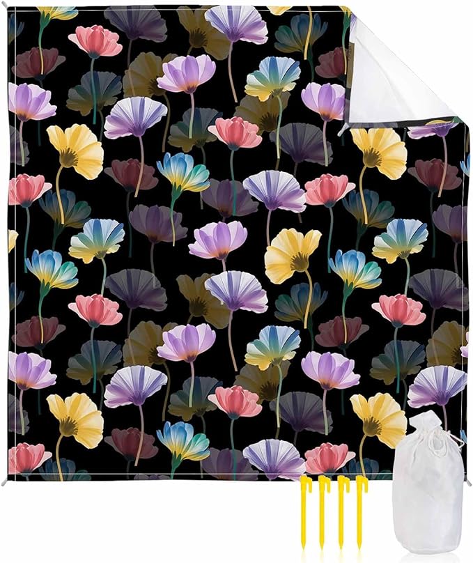Beach Blanket Waterproof Sandproof Spring Watercolors Flowers Quick Drying Beach Mat with 4 Stakes Fields Floral Art Lightweight Picnic Blanket for Travel Camping Outdoor 83x79