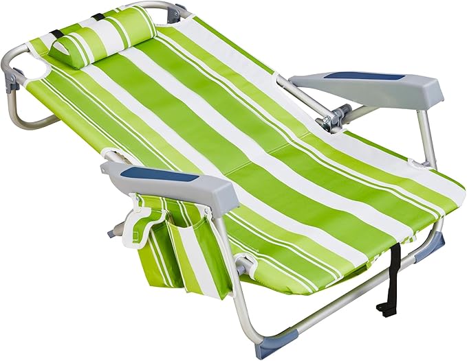 Folding Beach Chair for Adults5 Position Portable Backpack Foldable Lounge ChairCamping Chair with Headrest and Cup HolderCollapsible ChairsOutdoor Chair Capable of Bearing 220 lbsGreen Stripes