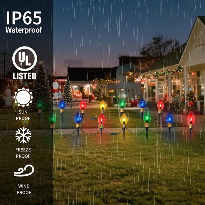 Jumbo Christmas Pathway Lights Outdoor 7FT 4Pcs Multicolor LED Connectable Plug in Walkway Lights for Driveway Yard Fence Decor Green Wire Waterproof &amp UL Listed