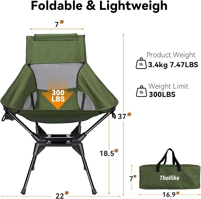Upgraded 360° Swivel Camping Chair for Adults Portable Folding Chair with Cup Holder Lightweight Compact Backpack Outdoor Chair for Travel Fishing Hiking and Beach