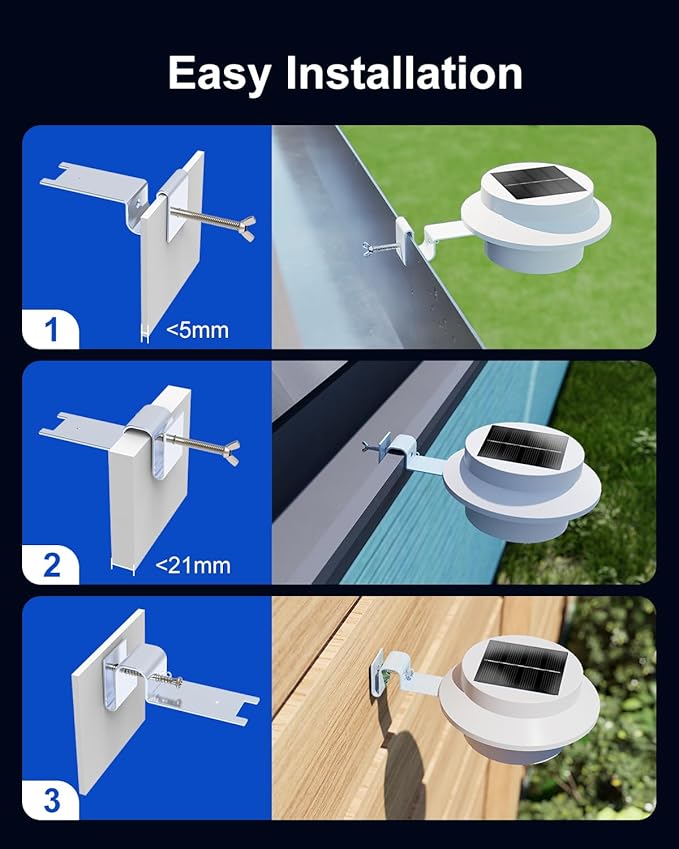8 Pack White Solar Powered Gutter Lights Outdoor Decorative Waterproof Led Fence Lamp for Lighting Railing Outside Wall Deck Garden Path Backyard Sidewalk Yard Patio No Drilling Installation