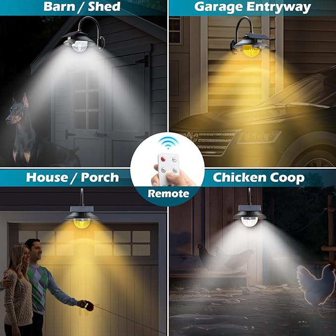 SIEDiNLAR Solar Barn Light Outdoor 3 Modes 2 Lighting Garage Shed Light Farmhouse Gooseneck Wall Light Waterproof with Remote/Motion Sensor for Barn Garage Shed Chicken Coop Porch Black (1 Pack)