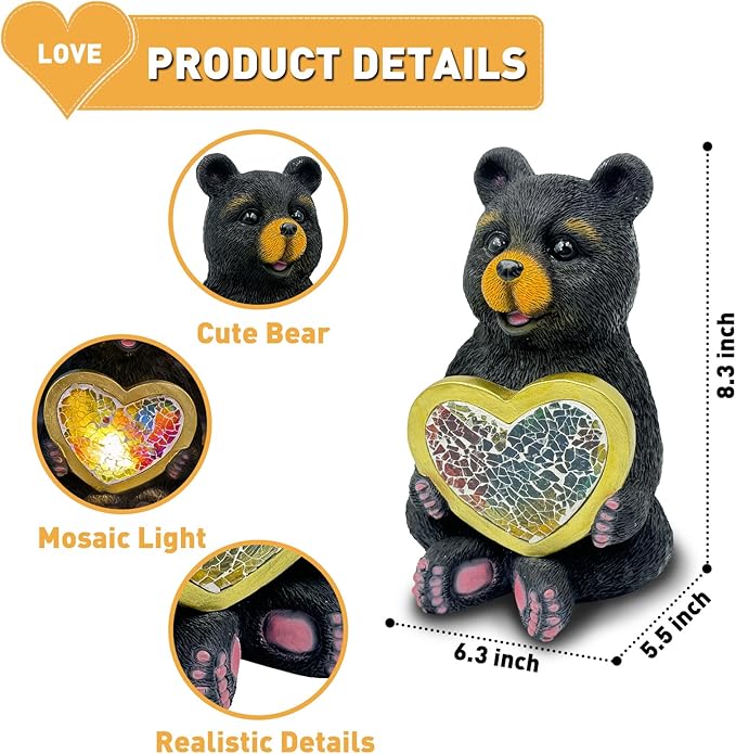 Solar Bear Garden Statues Decor for Outdoor Black Bear Figurine Lights for Lawn Patio Yard Decoration - Unique Christmas Housewarming Gift for Grandma Wowen Mom