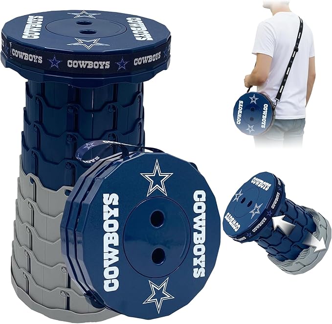 Sporticulture NFL Dallas Cowboys Telescoping Collapsible Stool 500lbs Max Weight Portable Adjustable Height Folding Camping Stool with Carry Strap Retractable Stadium Have A Seat Outdoor Sports Fan