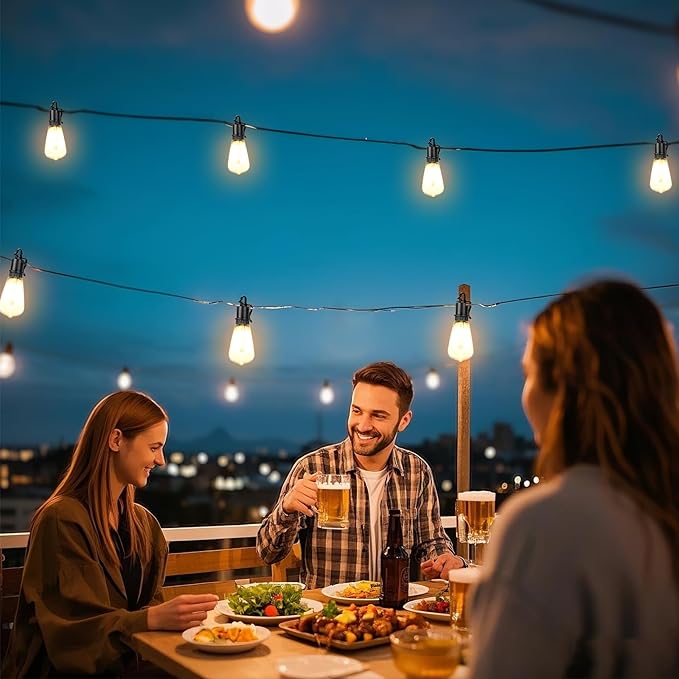 50FT Solar String Lights Outdoor with Remote IP65 Waterproof Shatterproof ST38 LED Bulbs 2700K Dimmable Outside Hanging Lights for Patio Garden Camping Deck Backyard Decor