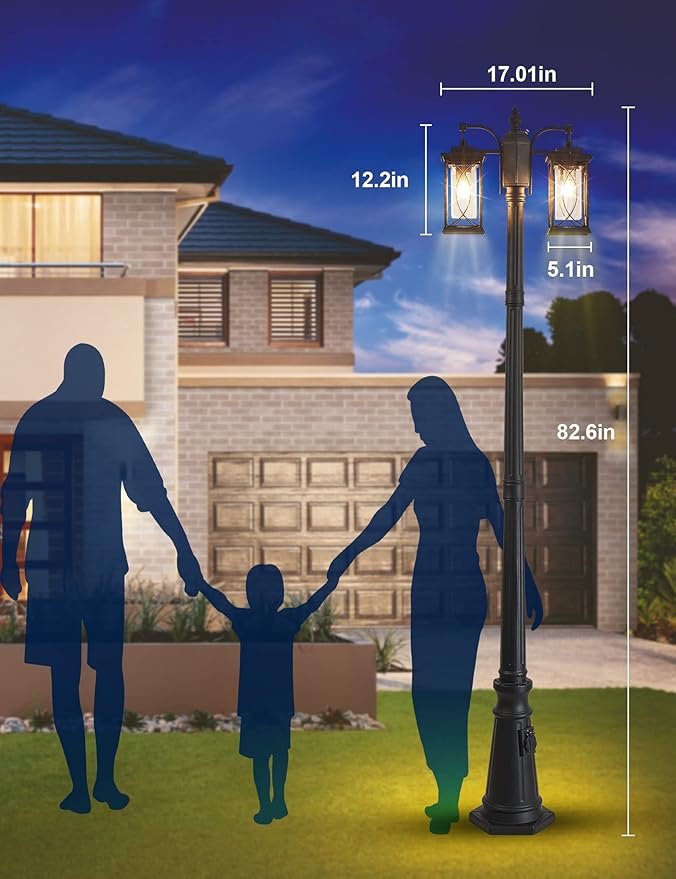 Dusk to Dawn Outdoor Lamp Post Light Modern 2-Head Street Pole Light Fixtures with Outlet Waterproof Black Outside Street Light Electric Lantern for Backyard Garden Patio Driveway