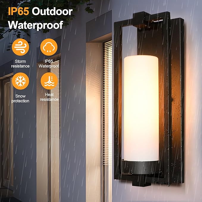 ALVIME Modern Black Outdoor Wall Light Fixtures 15 Inch 2 Pack Outdoor Wall Sconce for House Waterproof Exterior Lighting Fixtures for Garage Doorway Porch Patio E26 Base&ampEtched Opal Glass