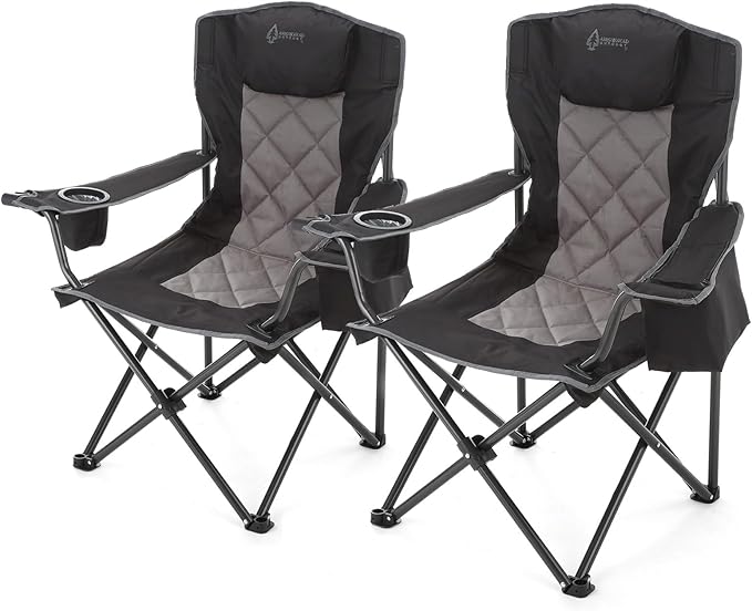 ARROWHEAD OUTDOOR 2-Pack Portable Folding Camping Quad Chair w/ 6-Can Cooler Cup &amp Wine Glass Holders Heavy-Duty Carrying Bag Padded Armrests Headrest &amp Seat Supports up to 550lbs