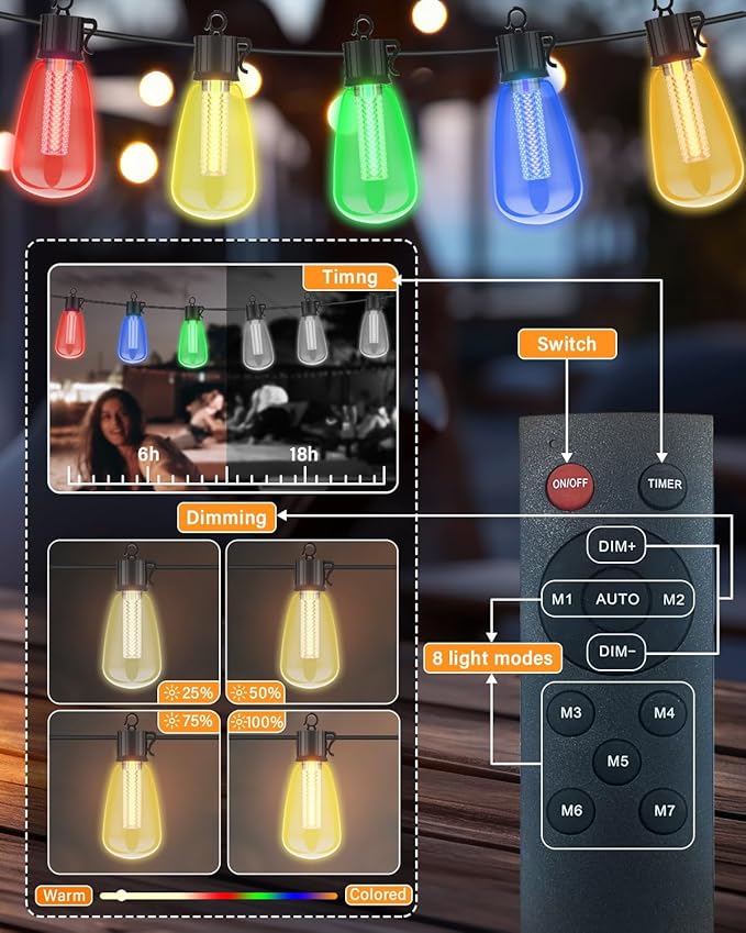 98FT Outdoor String Lights with Remote - Multicolor &amp Warm White 8 Light Modes Timer Waterproof Patio Lights Plug In Dimmable String Lights Shatterproof for Outside Porch Backyard Party