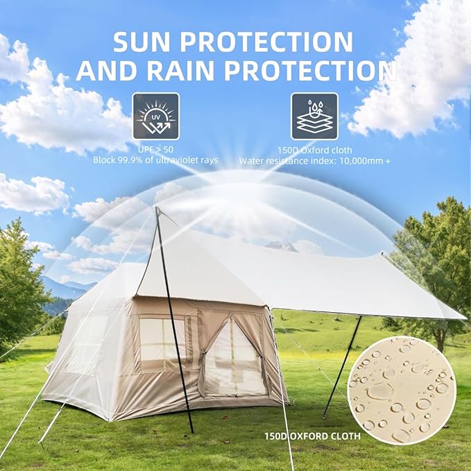 Inflatable Camping Tent with Stove Jack4 Season Hot Tent for Camping61.5sq ft Easy Setup Air Tent with Detachable Top &amp Windproof Canopy for Camping Adult 4-6 PersonIncludes Electric Air Pump