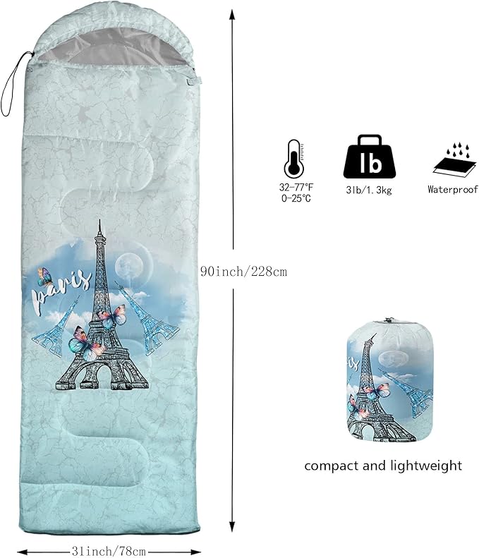 Kids Sleeping Bag for Boys GirlsEiffel Tower Print-Lightweight Warm Portable Outdoor Indoor-Waterproof Cold Weather Resistant Sleeping Bag for Camping Hiking(Eiffel Tower)