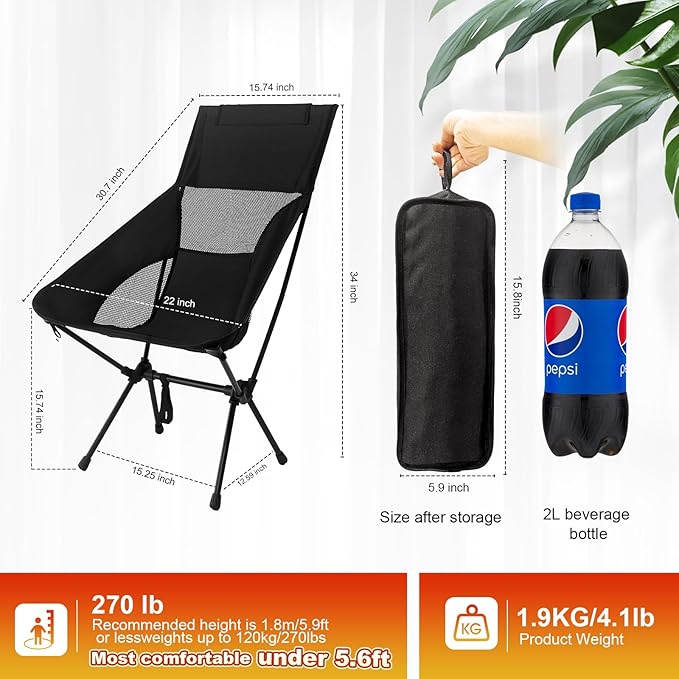 IEJ High Back Camping Chair Ultra-Lightweight Compact Folding Backpacking Chair for Adults with Carry Bag Quick Setup for Outdoor Camping Beach &amp Hiking Travel-Black