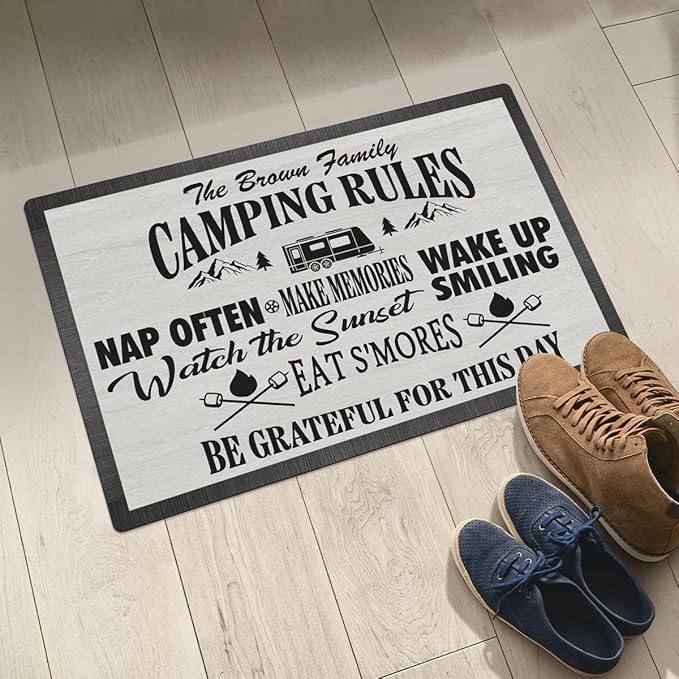 Personalized Camping Rules Welcome Doormat - Custom Family Name and RV Door Mat Accessories for Inside Outside Funny Campsite Decorations Travel Trailers Style 02 16 x 24 inches