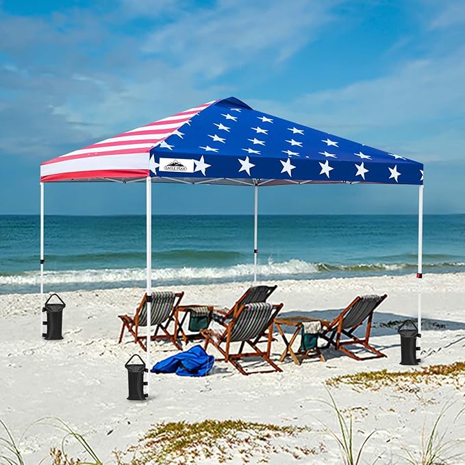 EAGLE PEAK Pop Up Canopy Tent with Wheeled Carry Bag 8 Stakes 4 Ropes 4 Weight Bags Easy Set Up Tent Canopy 10x10 ft 100sqft of Shade American Flag