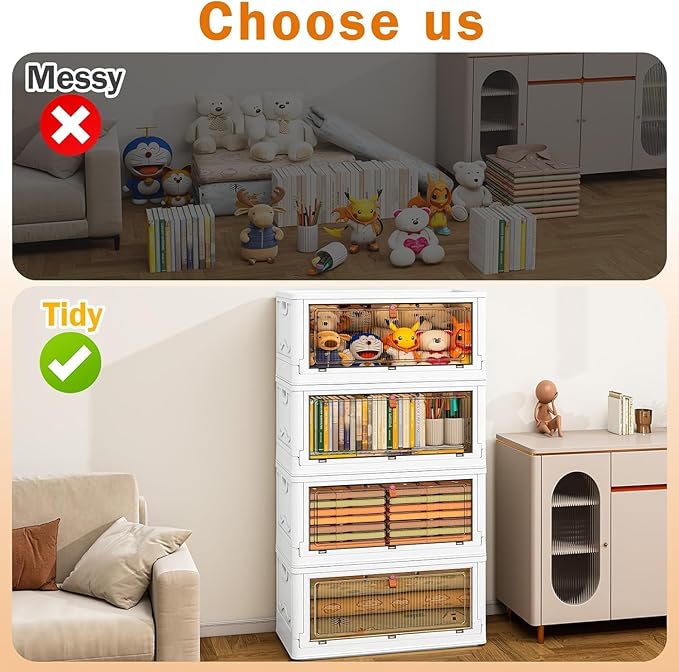 4 Tier Storage Bins with Lids 102QT Stackable Storage Containers with Wheels Folding Boxes Extra Large Collapsible Bins White