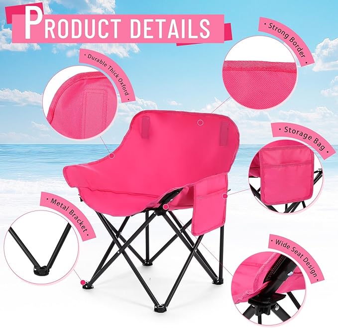 2 Pack Compact Camping Chairs Portable Folding for Outside with Carry Bag Lightweight Moon Chairs for Travel Picnic Hiking Beach Fishing 600D Oxford Supports 330lbs(Pink)