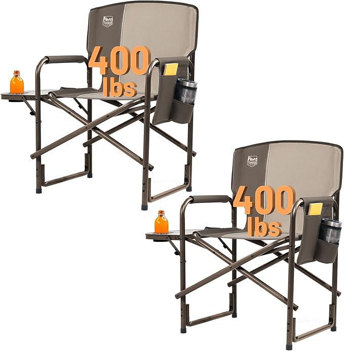 TIMBER RIDGE Aluminum Oversized Camping Chair Lightweight Portable Directors Chair with Side Table Detachable Side Pocket for Outdoor Camping Lawn Picnic Support 400lbs Tan 2 Pack