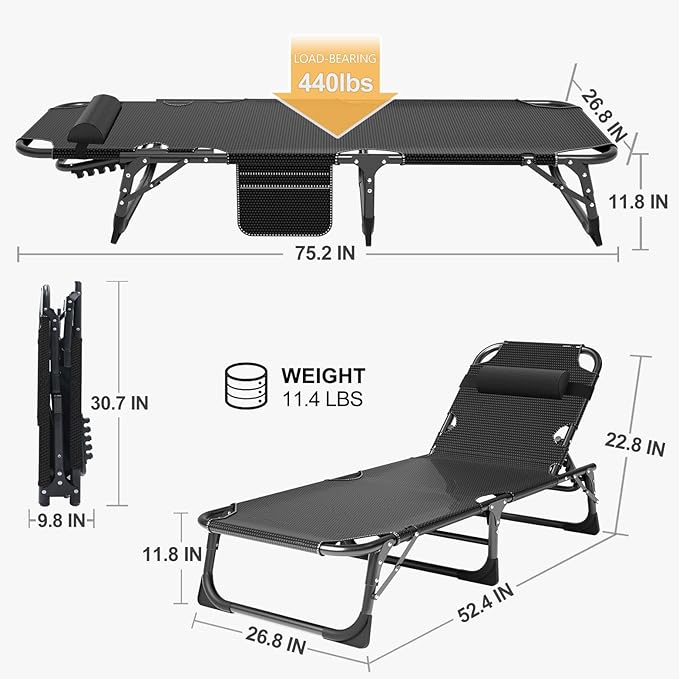 ABORON 5 Positions Camping Cots for AdultsOutdoor Folding Sleeping Cot/MatFolding Chaise Lounge Chair with PillowPortable Reclining Chair for Beach Lawn Camping PoolSunbathing Chairs