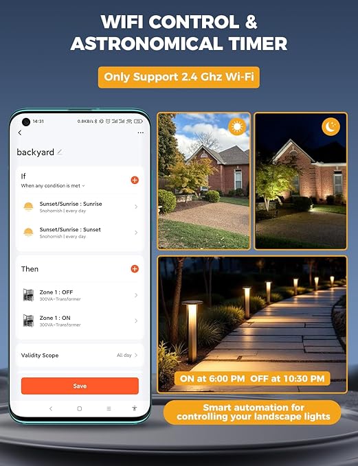 COLOER 300W 2.4GHz Wi-Fi Low Voltage Landscape Lighting Transformer Smart Low Voltage Transformer with 3 Zones 120V AC to 12V/13V/15V AC Stainless Steels Weatherproof Power Pack for Outdoor Lights