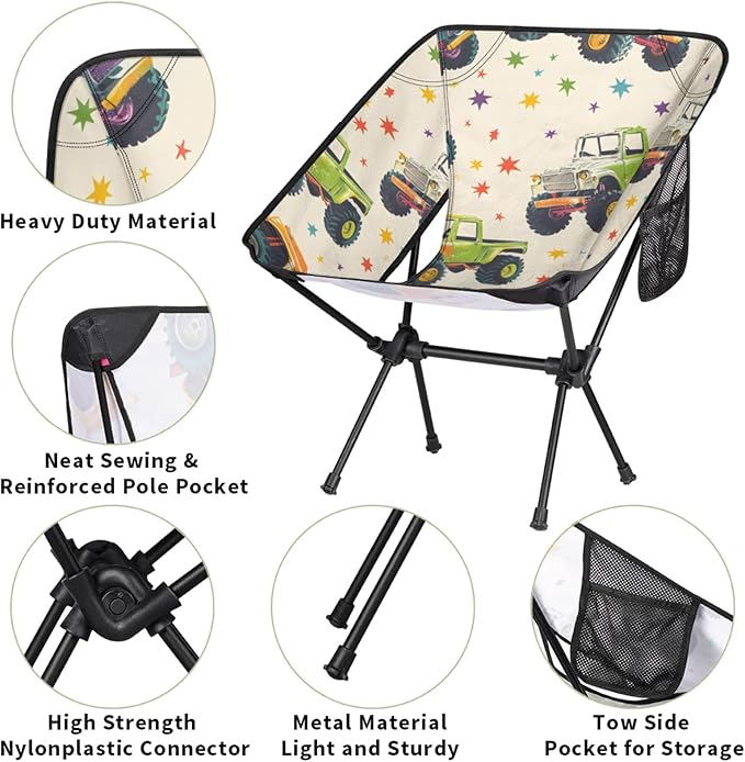 Honeybaby Folding Camping Chair Stars Trucks Camping Chairs Lightweight Portable Chair Outdoor Foldable Chairs for Camping Travel Picnic Beach Hiking