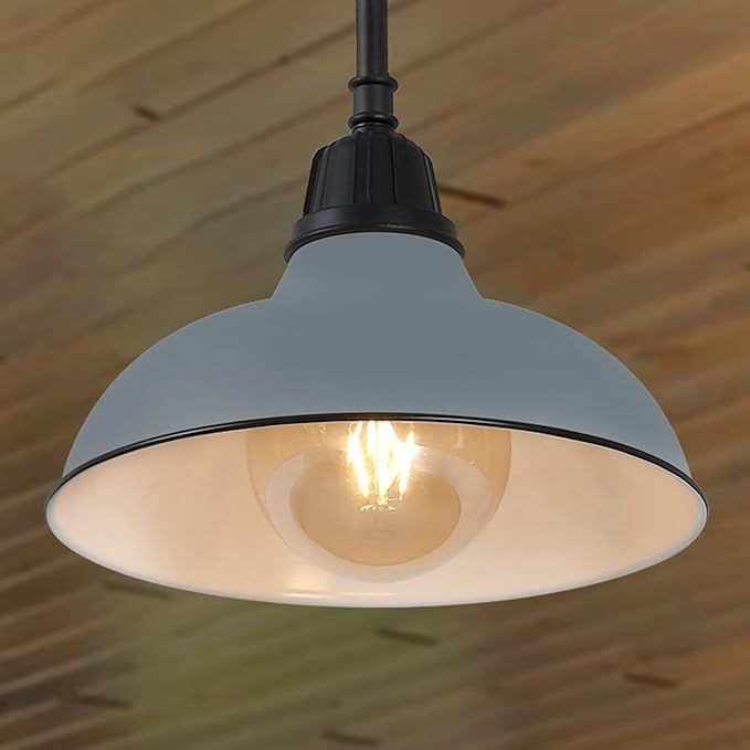 JONATHAN Y 12.25 Matte Silver 1-Light Blue Farmhouse Indoor/Outdoor LED Pendant Iron Hanging Light and Black Metal Shade Rustic Ceiling Lamp for Kitchen Island LED Bulb Included (JYL7611K)