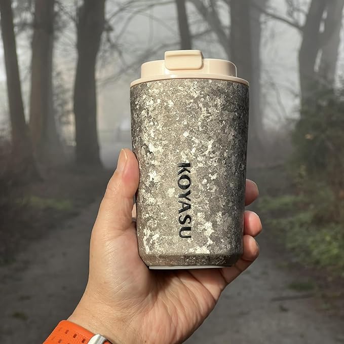 KOYASU Ti-Zen Titanium Travel Coffee Mug - 12oz Ultralight Insulated Tumbler - Premium EDC Gear &amp Tactical Accessories - Heavy Duty Cup - Crystallized Texture Thermal Flask - Nimbus Gray