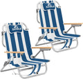 SUN NINJA Beach Chair – Folding Chair for Beach with 5 Reclining Positions Cup &amp Phone Holder Insulated Back Storage Pouch Portable Lightweight Aluminum Frame - Navy Stripes - 2pc